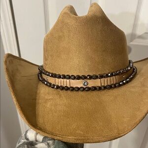 Embellished Tan Suede Western Hat with Beaded Band